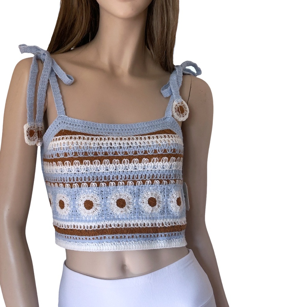 ALTAR'D STATE Crochet Knit Crop Top Floral Tie Straps Shirt Strappy Sky Blue